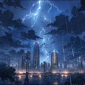 Dramatic atmosphere of cloudy weather and lightning striking urban and rural areas