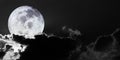 Dramatic atmosphere panorama black and white view of bright and shiny full view of Big Moon on dark sky background.