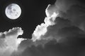 Dramatic atmosphere panorama view of black and white soft cloud and full moon image on night background. Image of moon furnished