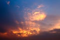 Dramatic atmosphere panorama view of natural sunlight effect on blurry soft clouds. Royalty Free Stock Photo