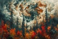 Dramatic Autumn Forest Landscape with Whirlwind Sky Surreal Nature Scenery Painting with Vivid Colors Royalty Free Stock Photo