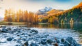 Dramatic autumn view of Champfer lake at sunset