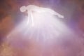 Dramatic background light sky, immortal soul of the deceased ascends to heaven, disembodied ghost of a person, white silhouette in Royalty Free Stock Photo