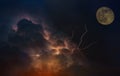 Dramatic Moon orbit planet Earth. lightnings in sunset sky with dark clouds