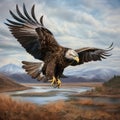 Dramatic Bald Eagle Flying Painting With Celtic Art Influence Royalty Free Stock Photo