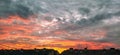 Dramatic beautiful clouds during sunset. Cumulus clouds illuminated in orange and pink. Dark and gray tones. Banner Royalty Free Stock Photo