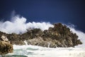 Dramatic big stormy crashing waves splash. Kleinmond, Western Cape, South Africa.