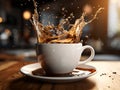 dramatic black coffee splash cup glass photography on the table coffee bean generative ai Royalty Free Stock Photo