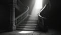 Dramatic black, white illustration of grand staircase bathed in light. Composition features upward perspective emphasizing Royalty Free Stock Photo