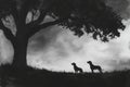 Two dogs silhouetted under a large tree with a dramatic cloudy sky creating a moody atmospheric landscape scene Royalty Free Stock Photo