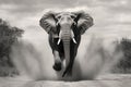 dramatic black and white image of a charging bull elephant