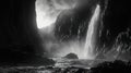 Dramatic black and white image of a waterfall cascading down a rocky cliff face Royalty Free Stock Photo