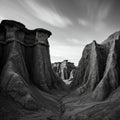 Dramatic black-and-white landscape featuring towering rock formations, resembling Royalty Free Stock Photo