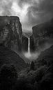 Dramatic Waterfall in a Mountain Valley, Black and White Royalty Free Stock Photo