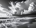 Dramatic Black and White Seascape with Towering Clouds Over the Ocean Waves Royalty Free Stock Photo