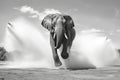 dramatic black and white shot of charging bull elephant