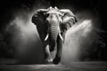 dramatic black and white shot of charging bull elephant