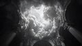 Dramatic black and white view of cloudy sky through ornate architectural arches revealing light Royalty Free Stock Photo