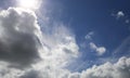 Dramatic blue clear summer sky after rain background, sun breaking through white fluffy cumulus morning clouds Royalty Free Stock Photo