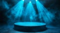 Dramatic blue lighting illuminates an empty stage with foggy atmosphere. Generative AI Royalty Free Stock Photo