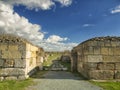 Dramatic blue sky with white clouds over the ruins of the ancient greek colony of Histria, on the shores of Black Sea. Histria is