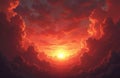 Dramatic bright orange red sunset sky with dense cumulus clouds. Fiery sun shines through fluffy clouds, creating intense Royalty Free Stock Photo