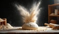 Dramatic burst of white flour explodes from fresh dough on rustic wooden table. Fine powder scatters everywhere, creating active, Royalty Free Stock Photo