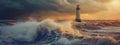 Dramatic and captivating scene of a lighthouse standing tall amidst stormy sea wavesat sunset. Generative ai Royalty Free Stock Photo