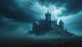 Dramatic Castle Scene with Lightning Strikes and Overcast Sky Royalty Free Stock Photo