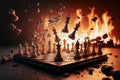 Dramatic chess explosion with flying pieces in fiery background Royalty Free Stock Photo