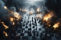 Dramatic chess pieces on fire on a smoky board. Conceptual photography. Royalty Free Stock Photo