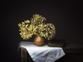 Dramatic chiaroscuro style photo of dried hydrangea flowers with old book on dark background. Melancholy still life with Royalty Free Stock Photo