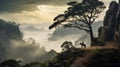 Dramatic Chinese Mountain Valley Forest Ride Horse With Giant Tree