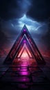 Dramatic cinematic lighting Flat purple background with extruding cyan Valknut