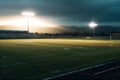 Dramatic cinematic view of stadium at dusk with spot light at night. AI generated.