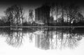 Dramatic city pond reflections background