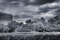 Dramatic cityscape of garden and clouds Royalty Free Stock Photo
