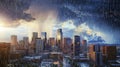 Dramatic cityscape with heavy rain and sunset Royalty Free Stock Photo