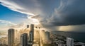 Dramatic Cityscape with Sun Rays Breaking Through Storm Clouds Over Skyscrapers 20260220 Royalty Free Stock Photo
