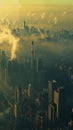 A dramatic cityscape unfolds at dawn, industrial towers emit steam into the misty morning air, with the city's Royalty Free Stock Photo