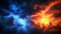 Dramatic clash of blue and orange storm clouds with lightning. Weather conflict concept Royalty Free Stock Photo