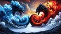 A dramatic clash of blue and red dragon heads amidst swirling waves, symbolizing duality Royalty Free Stock Photo