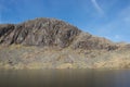 Dramatic cliff and rocky crag above a mountain lake tarn