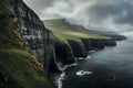 A dramatic cliffside landscape with green hills, jagged black cliffs, cloudy gray sky, and deep blue crashing waves, ai generative