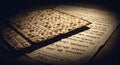 Traditional Matzah resting on ancient Hebrew text Royalty Free Stock Photo