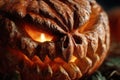 Close-Up of Glowing Carved Pumpkin with Flickering Flame and Chiaroscuro Lighting Royalty Free Stock Photo