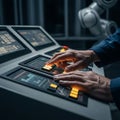 A dramatic, photorealistic, close-up view from behind of an engineer wearing dark work gloves activating an illuminated button on Royalty Free Stock Photo