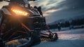 Dramatic Close-up Of Snowmobile At Sunset - High Detailed 8k Shot