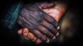 A dramatic close-up of two weathered hands holding, one dark and one light. This powerful image symbolizes unity, support, empathy Royalty Free Stock Photo
