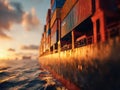 A dramatic close-up view of a cargo ship loaded with multicolored shipping containers sailing on ocean waters during a vibrant Royalty Free Stock Photo